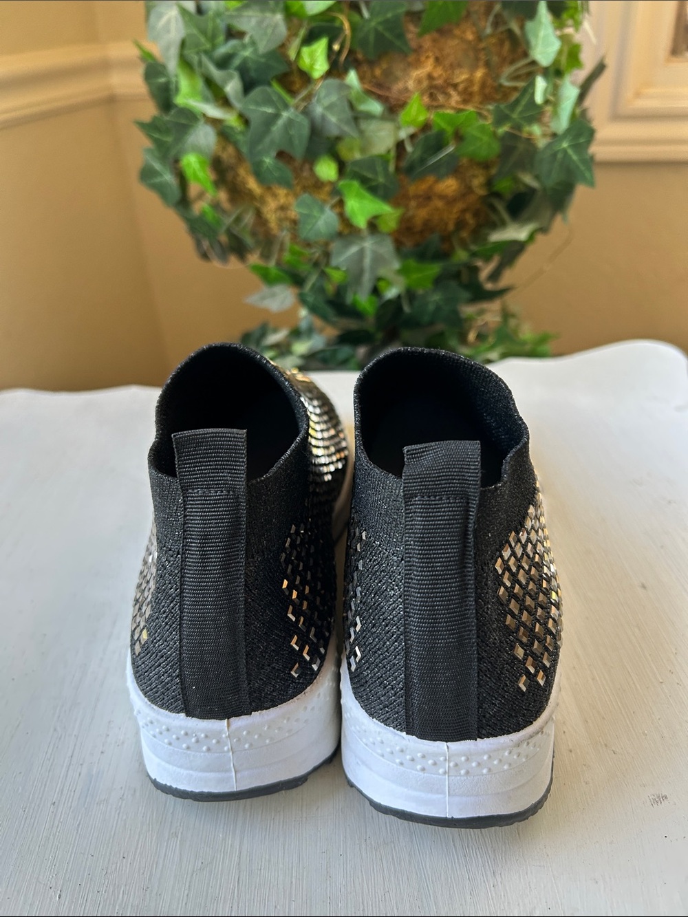 Atalina Black Slip-On Mesh Sneakers Featuring Sparkly Rhinestone with White Sole - Picture 5 of 11